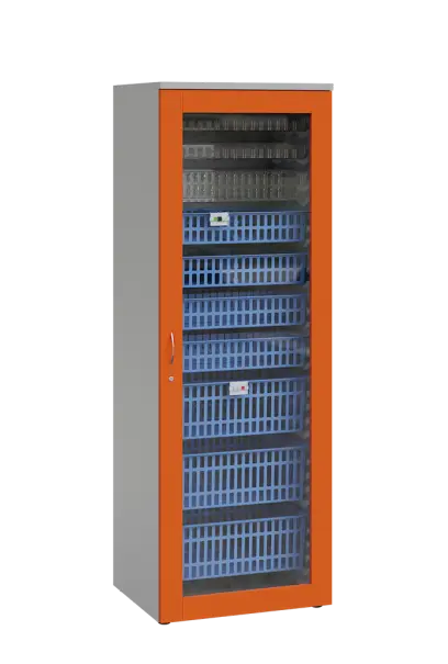 MEDICAL S - 66 skříň léková boxová, 1950 x 660 x 735, prosklená, korpus šedá, dvířka pomeranč