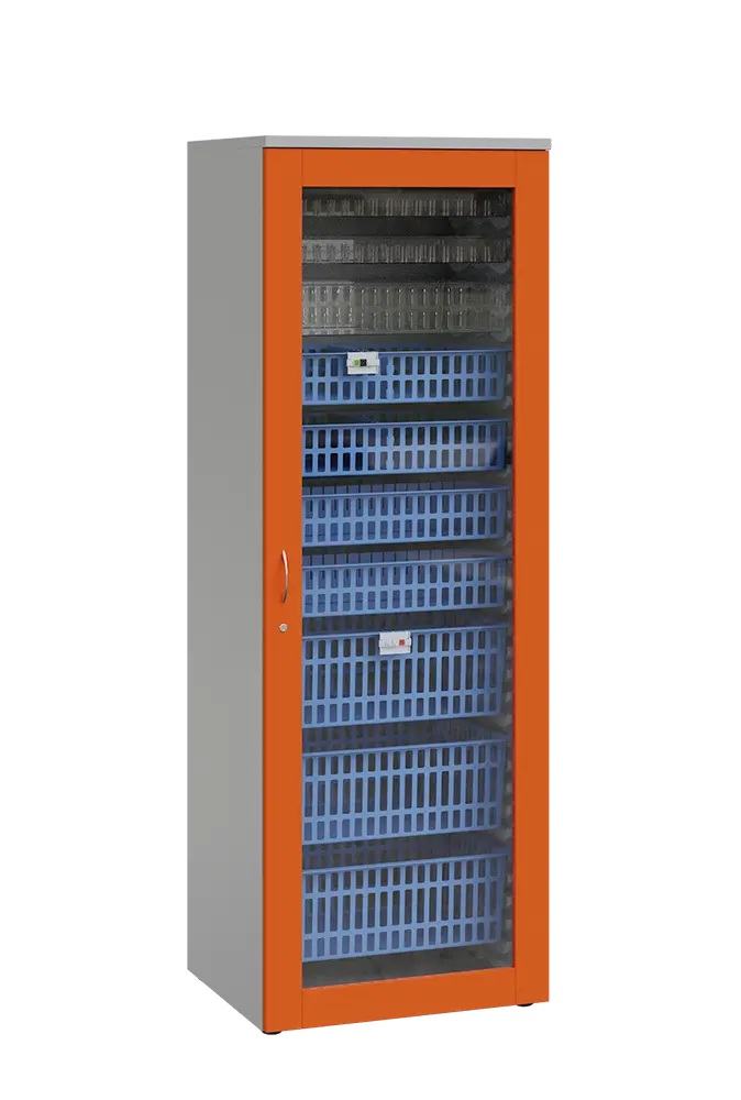 MEDICAL S - 66 skříň léková boxová, 1950 x 660 x 735, prosklená, korpus šedá, dvířka pomeranč