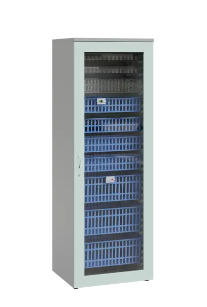 MEDICAL S - 66 skříň léková boxová, 1950 x 660 x 735, prosklená, korpus šedá, dvířka šedo-zelinkavá