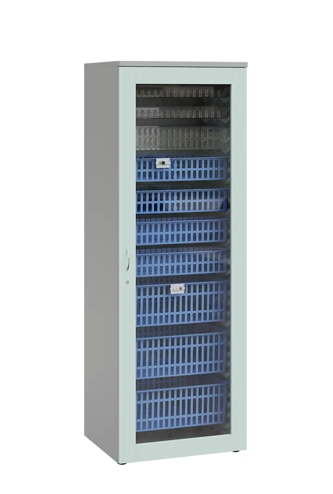 MEDICAL S - 66 skříň léková boxová, 1950 x 660 x 735, prosklená, korpus šedá, dvířka šedo-zelinkavá