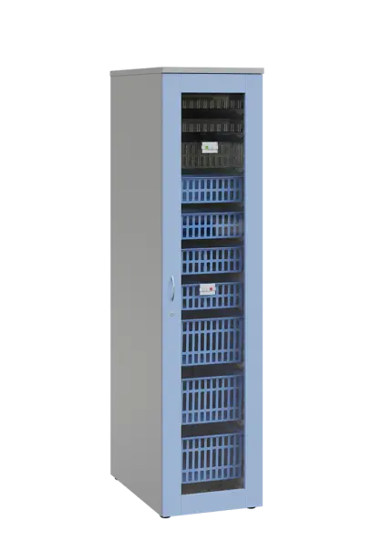 MEDICAL S - 46 skříň léková boxová, 1950 x 460 x 735, prosklená, korpus šedá, dvířka blankyt