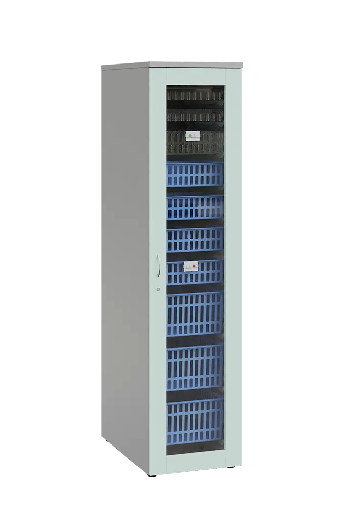MEDICAL S - 46 skříň léková boxová, 1950 x 460 x 735, prosklená, korpus šedá, dvířka šedo-zelinkavá