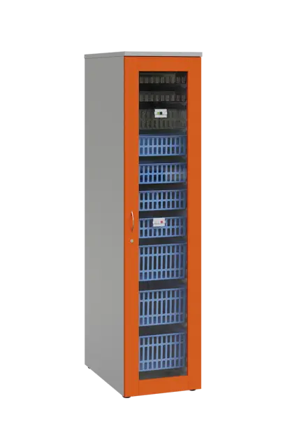 MEDICAL S - 46 skříň léková boxová, 1950 x 460 x 735, prosklená, korpus šedá, dvířka pomeranč