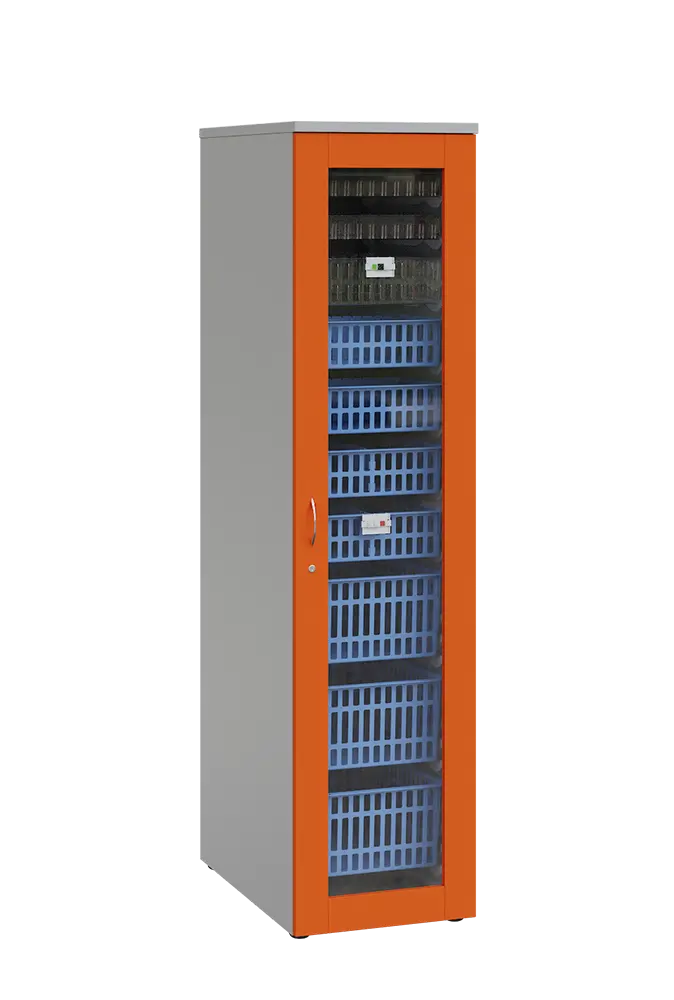 MEDICAL S - 46 skříň léková boxová, 1950 x 460 x 735, prosklená, korpus šedá, dvířka pomeranč