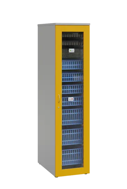 MEDICAL S - 46 skříň léková boxová, 1950 x 460 x 735, prosklená, korpus šedá, dvířka žlutá odio