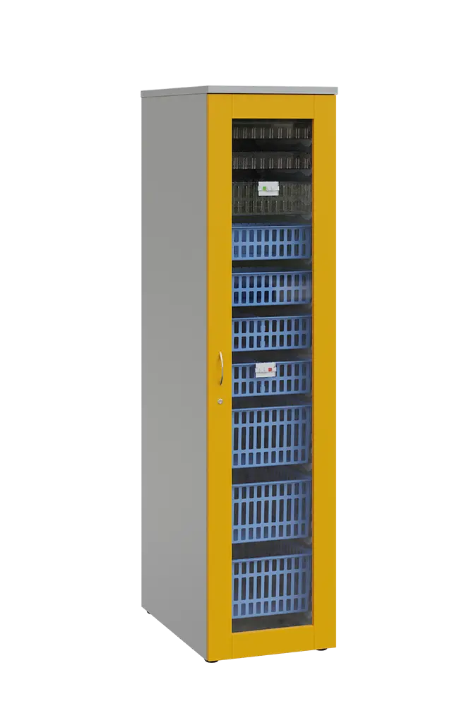 MEDICAL S - 46 skříň léková boxová, 1950 x 460 x 735, prosklená, korpus šedá, dvířka žlutá odio