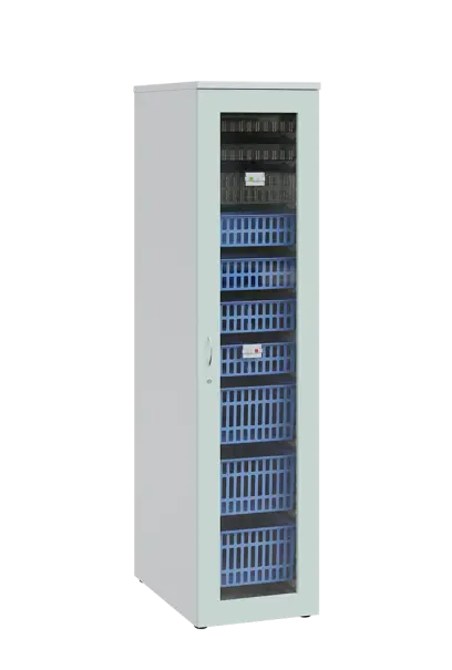 MEDICAL S - 46 skříň léková boxová, 1950 x 460 x 735, prosklená, korpus bílá, dvířka šedo-zelinkavá