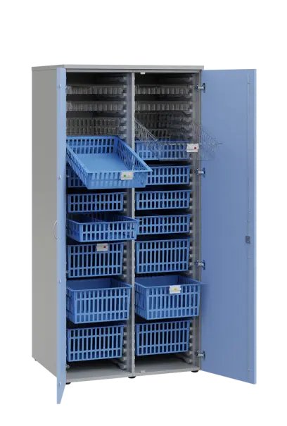 MEDICAL D - 90 skříň léková boxová, 1950 x 900 x 735, dvířka, korpus šedá, dvířka blankyt