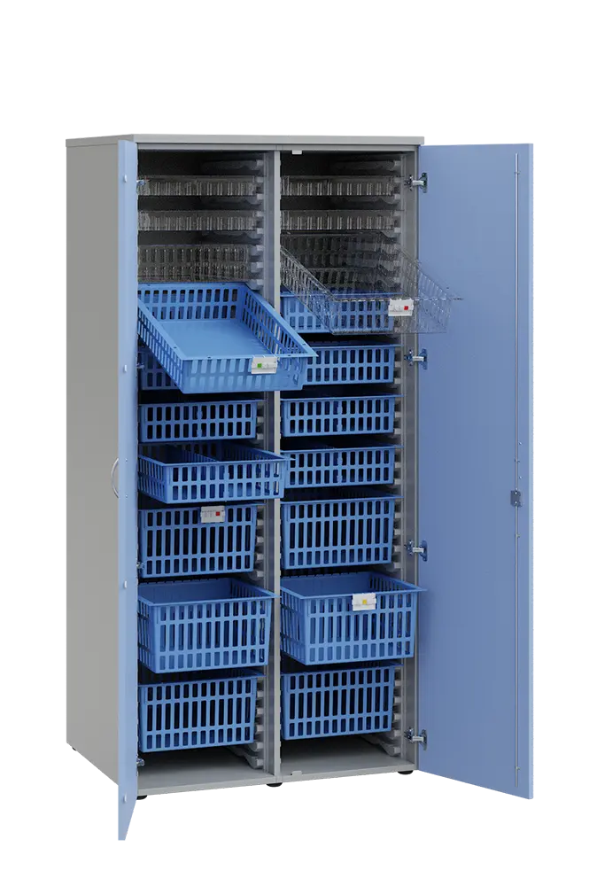 MEDICAL D - 90 skříň léková boxová, 1950 x 900 x 735, dvířka, korpus šedá, dvířka blankyt