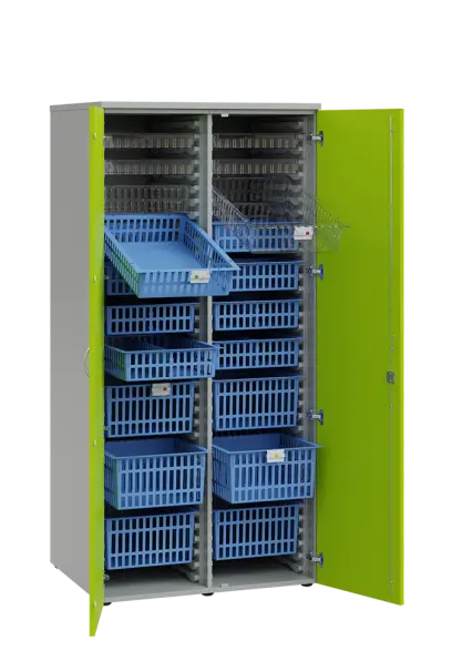 MEDICAL D - 90 skříň léková boxová, 1950 x 900 x 735, dvířka, korpus šedá, dvířka jarní zeleň