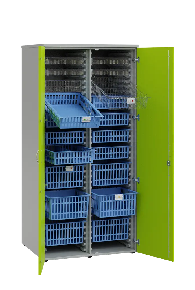 MEDICAL D - 90 skříň léková boxová, 1950 x 900 x 735, dvířka, korpus šedá, dvířka jarní zeleň