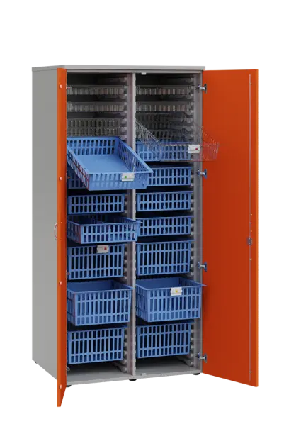 MEDICAL D - 90 skříň léková boxová, 1950 x 900 x 735, dvířka, korpus šedá, dvířka pomeranč