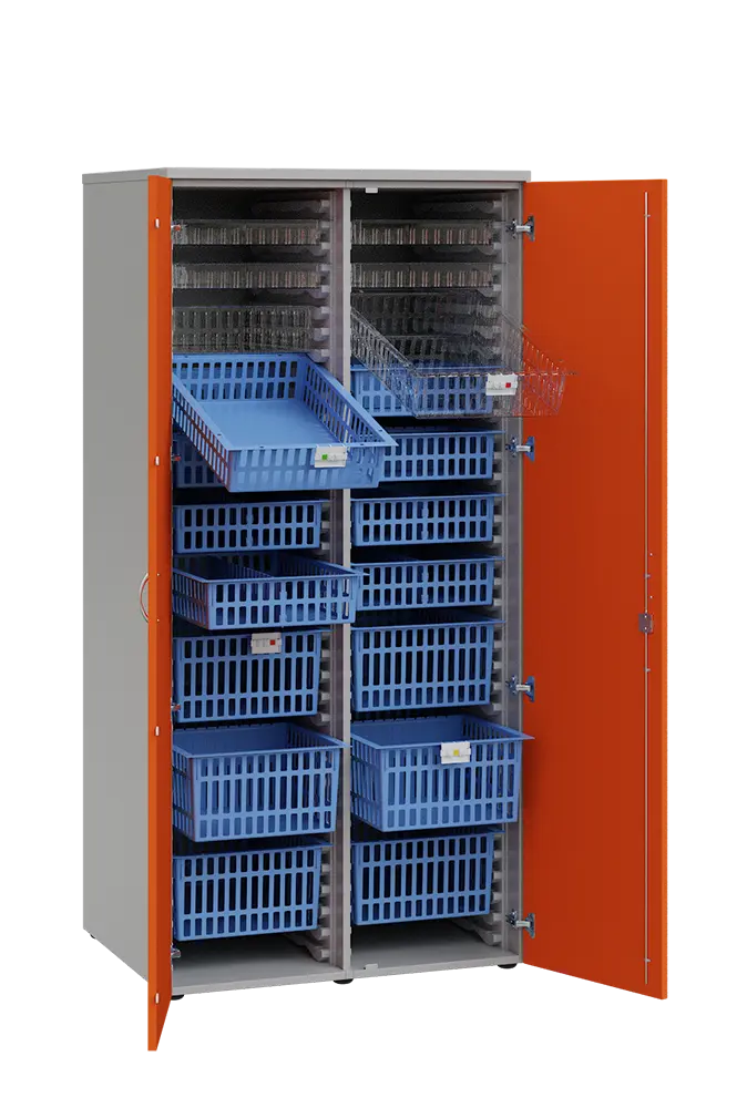 MEDICAL D - 90 skříň léková boxová, 1950 x 900 x 735, dvířka, korpus šedá, dvířka pomeranč