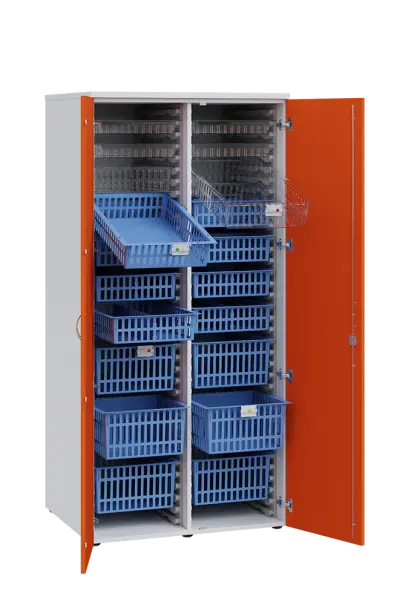 MEDICAL D - 90 skříň léková boxová, 1950 x 900 x 735, dvířka, korpus bílá, dvířka pomeranč