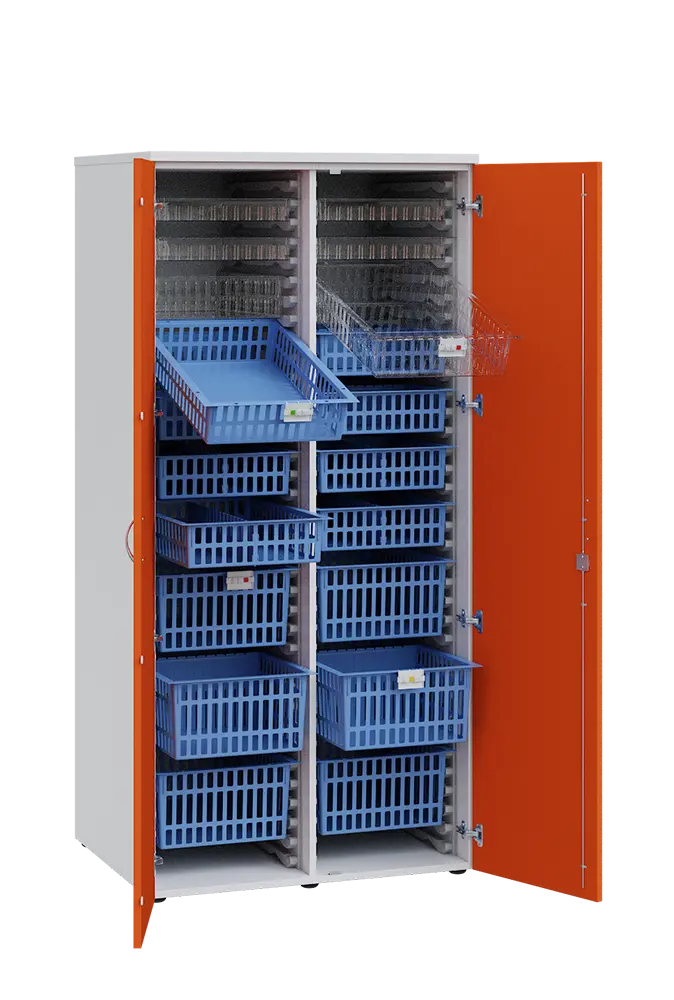 MEDICAL D - 90 skříň léková boxová, 1950 x 900 x 735, dvířka, korpus bílá, dvířka pomeranč