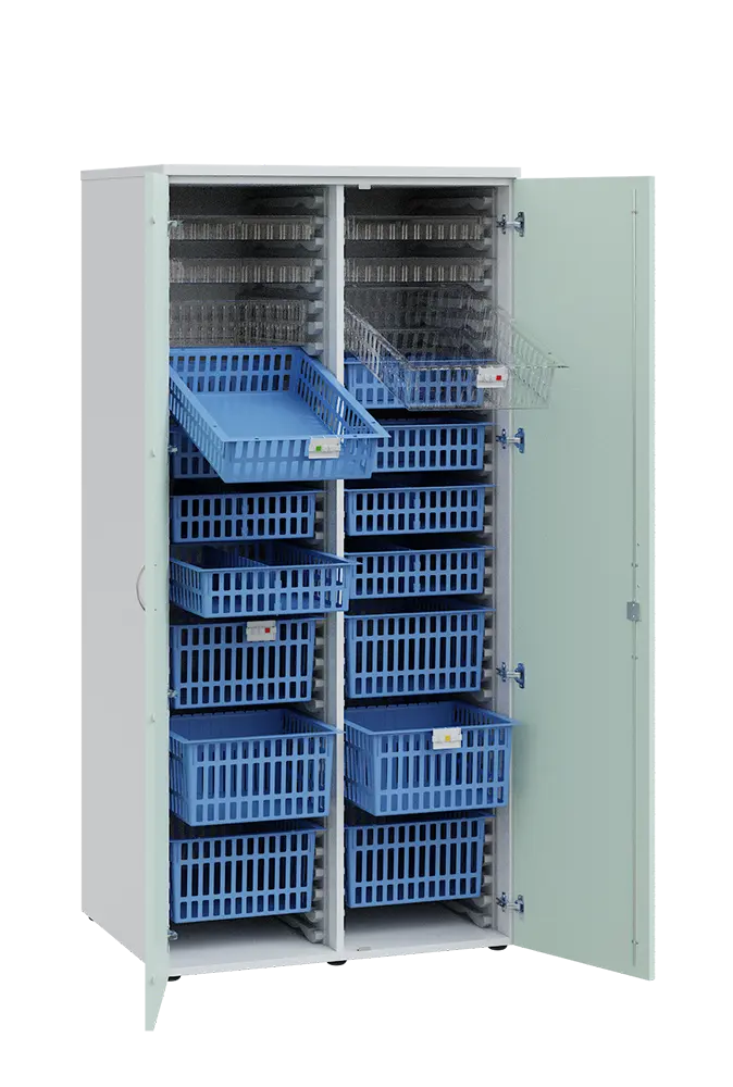 MEDICAL D - 90 skříň léková boxová, 1950 x 900 x 735, dvířka, korpus bílá, dvířka šedo-zelinkavá