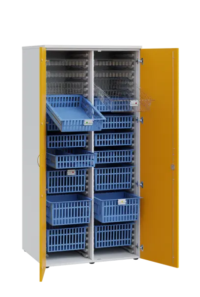 MEDICAL D - 90 skříň léková boxová, 1950 x 900 x 735, dvířka, korpus bílá, dvířka žlutá odio