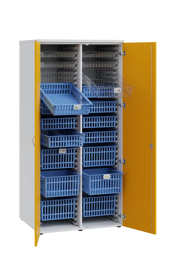 MEDICAL D - 90 skříň léková boxová, 1950 x 900 x 735, dvířka, korpus bílá, dvířka žlutá odio