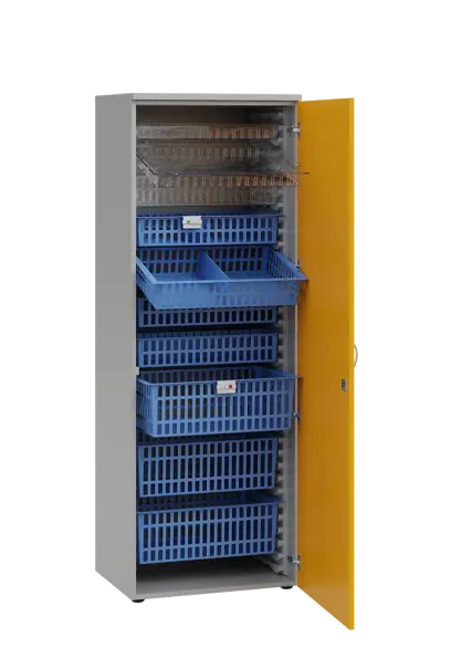 MEDICAL D - 66 skříň léková boxová, 1950 x 660 x 535, dvířka, korpus šedá, dvířka žlutá odio