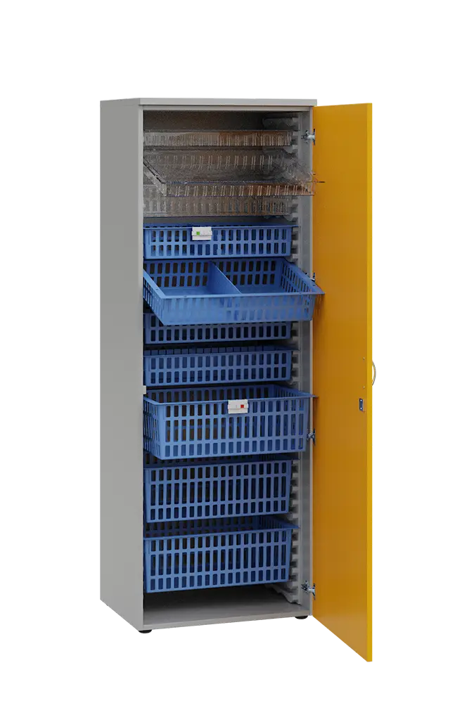 MEDICAL D - 66 skříň léková boxová, 1950 x 660 x 535, dvířka, korpus šedá, dvířka žlutá odio