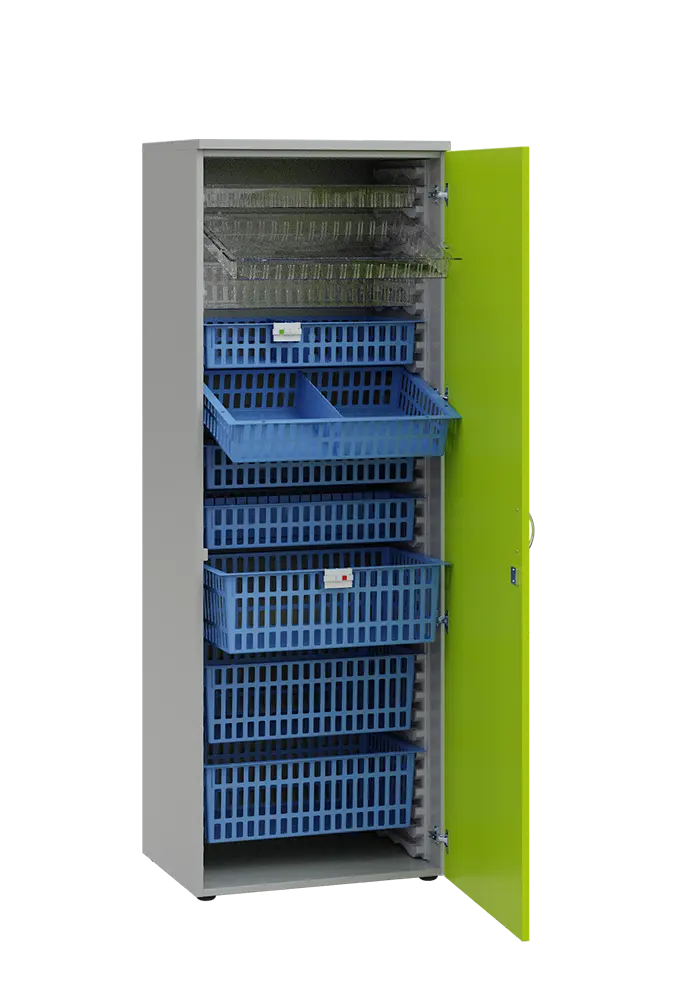 MEDICAL D - 66 skříň léková boxová, 1950 x 660 x 535, dvířka, korpus šedá, dvířka jarní zeleň