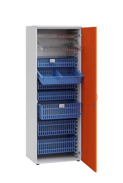 MEDICAL D - 66 skříň léková boxová, 1950 x 660 x 535, dvířka, korpus bílá, dvířka pomeranč