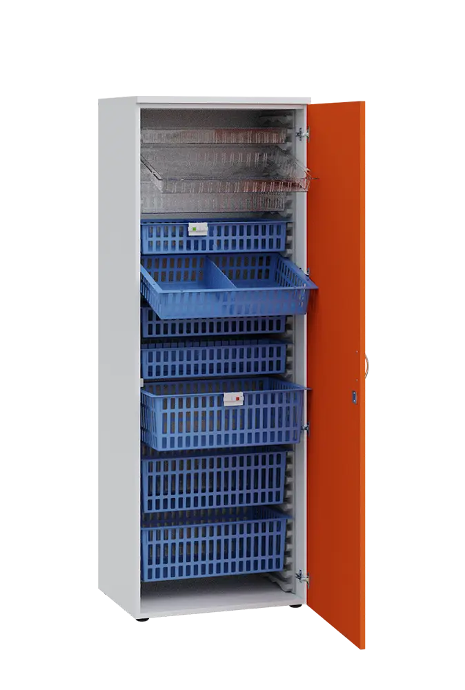 MEDICAL D - 66 skříň léková boxová, 1950 x 660 x 535, dvířka, korpus bílá, dvířka pomeranč