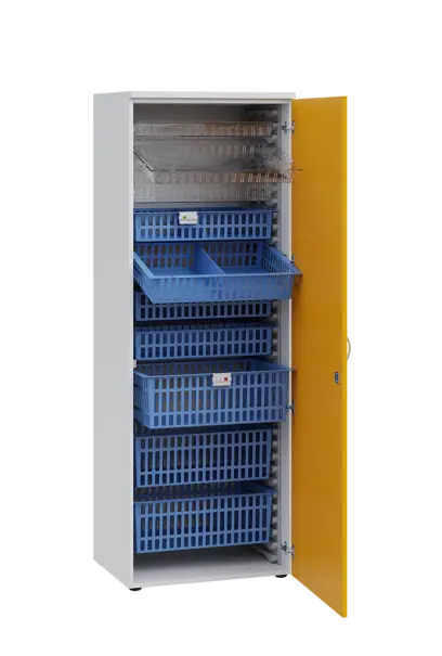 MEDICAL D - 66 skříň léková boxová, 1950 x 660 x 535, dvířka, korpus bílá, dvířka žlutá odio