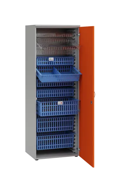 MEDICAL D - 66 skříň léková boxová, 1950 x 660 x 535, dvířka, korpus šedá, dvířka pomeranč