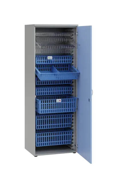 MEDICAL D - 66 skříň léková boxová, 1950 x 660 x 535, dvířka, korpus šedá, dvířka blankyt