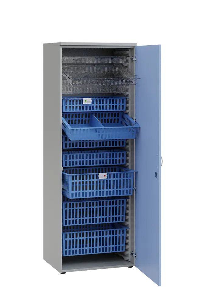 MEDICAL D - 66 skříň léková boxová, 1950 x 660 x 535, dvířka, korpus šedá, dvířka blankyt