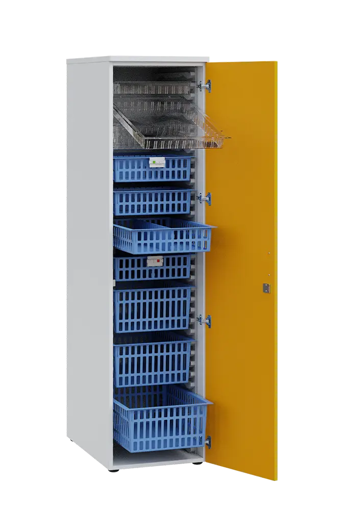 MEDICAL D - 46 skříň léková boxová, 1950 x 460 x 735, dvířka, korpus bílá, dvířka žlutá odio