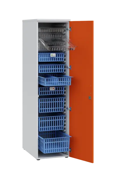 MEDICAL D - 46 skříň léková boxová, 1950 x 460 x 735, dvířka, korpus bílá, dvířka pomeranč