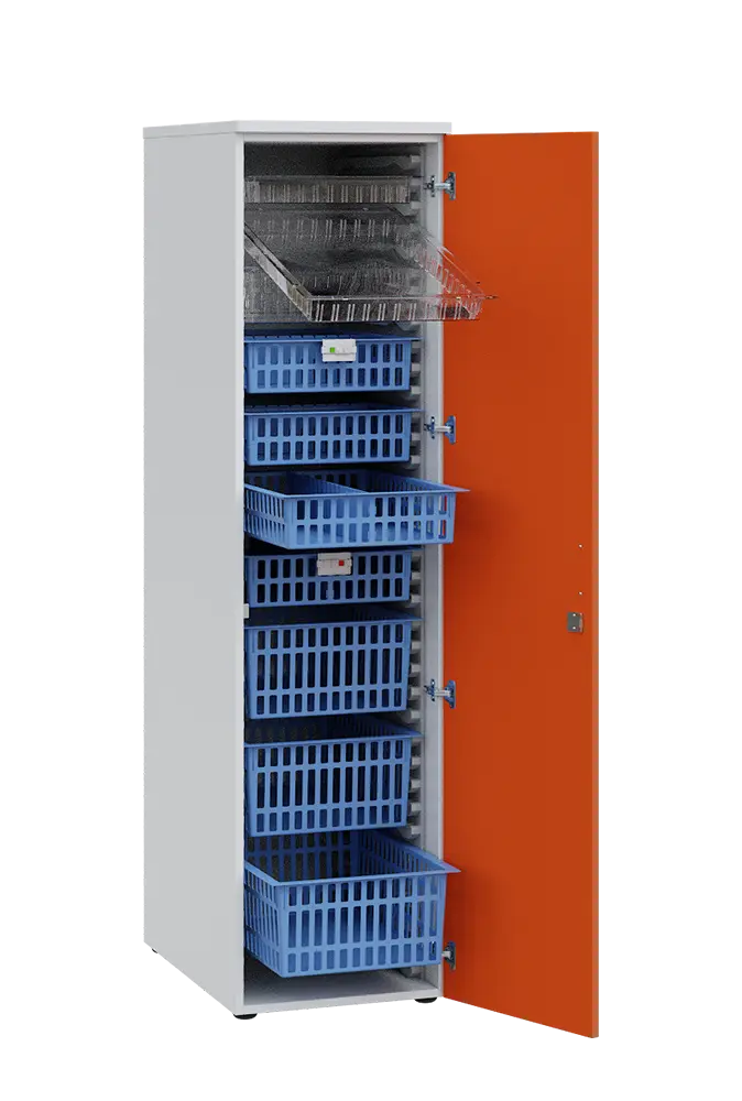 MEDICAL D - 46 skříň léková boxová, 1950 x 460 x 735, dvířka, korpus bílá, dvířka pomeranč