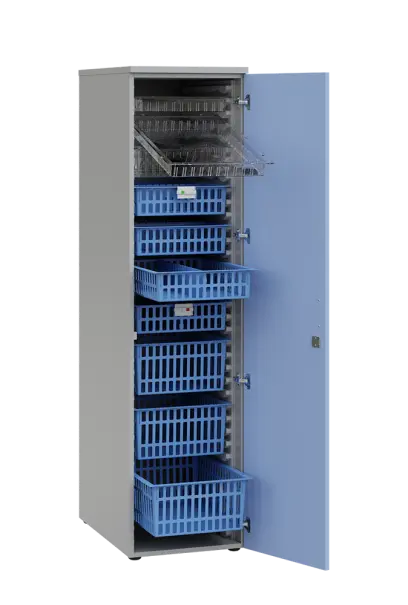 MEDICAL D - 46 skříň léková boxová, 1950 x 460 x 735, dvířka, korpus šedá, dvířka blankyt