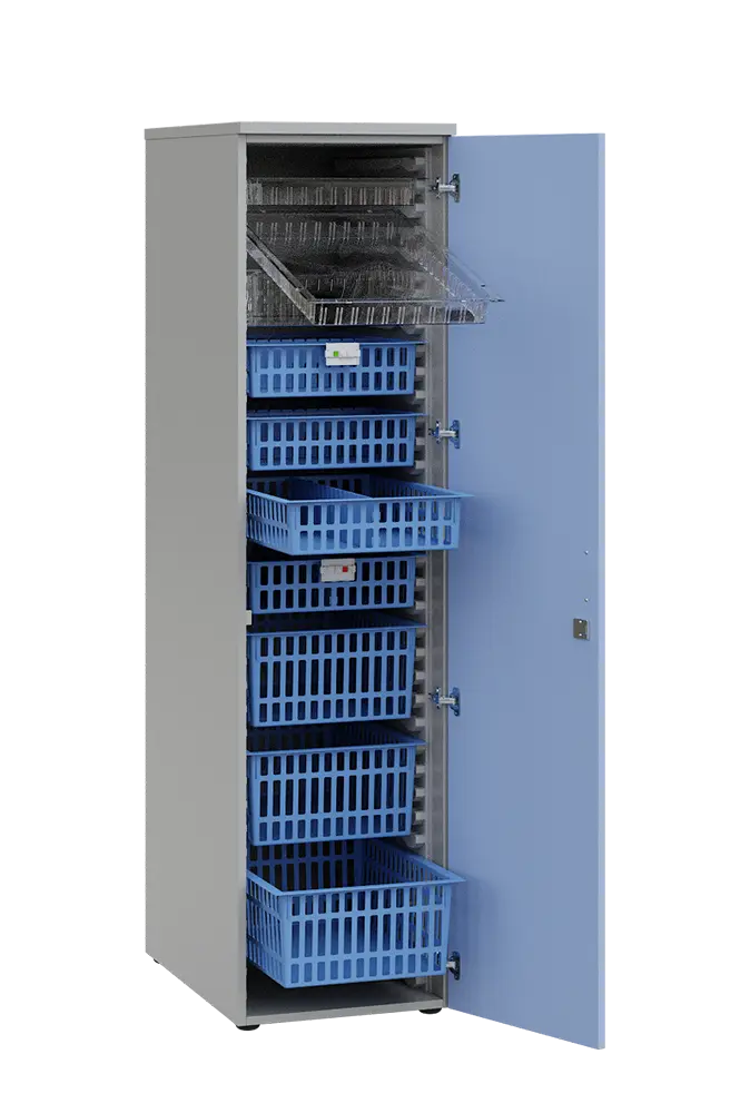 MEDICAL D - 46 skříň léková boxová, 1950 x 460 x 735, dvířka, korpus šedá, dvířka blankyt