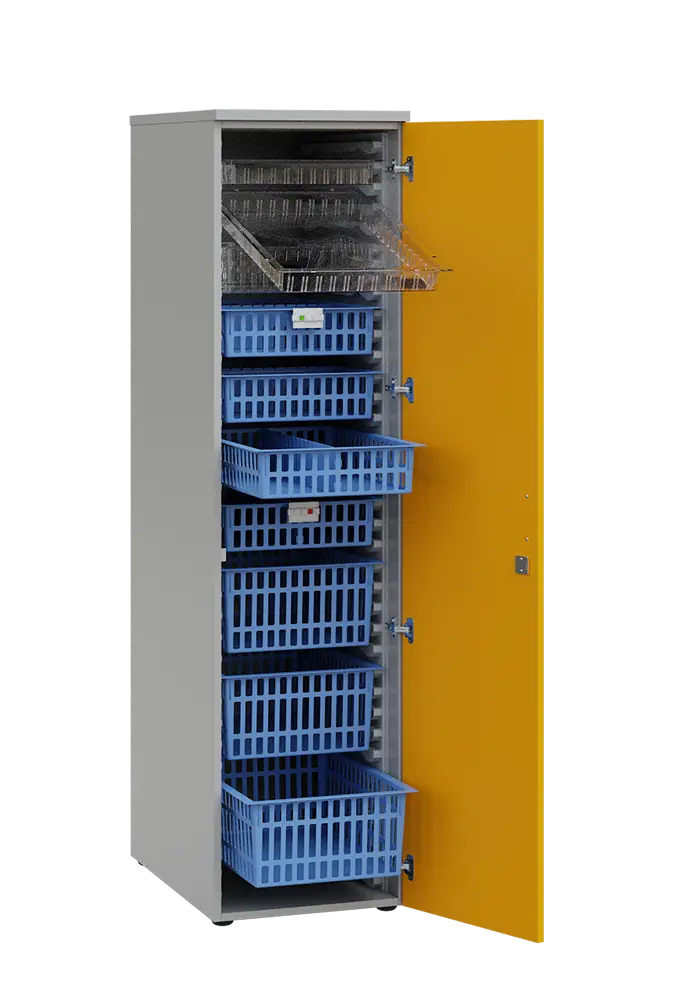 MEDICAL D - 46 skříň léková boxová, 1950 x 460 x 735, dvířka, korpus šedá, dvířka žlutá odio