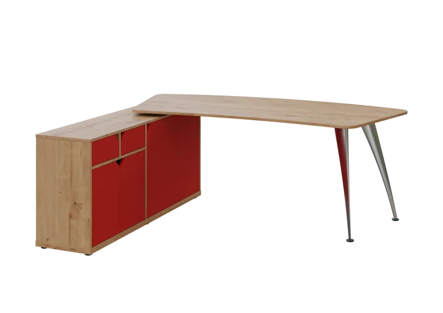 KUZR 18-20 L stůl rohový, provedení levé, úložný prostor, chromová podnož, dub lite/červená