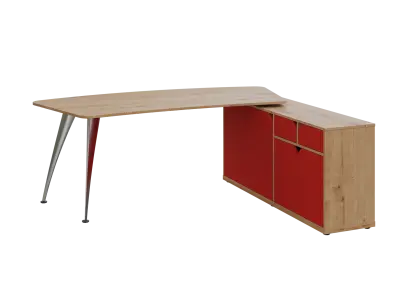 KUZR 18-20 P stůl rohový, provedení pravé, úložný prostor, chromová podnož, dub lite/červená