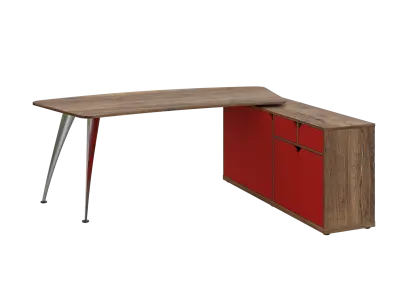 KUZR 18-20 P stůl rohový, provedení pravé, úložný prostor, chromová podnož, dub halifax cínový/červená