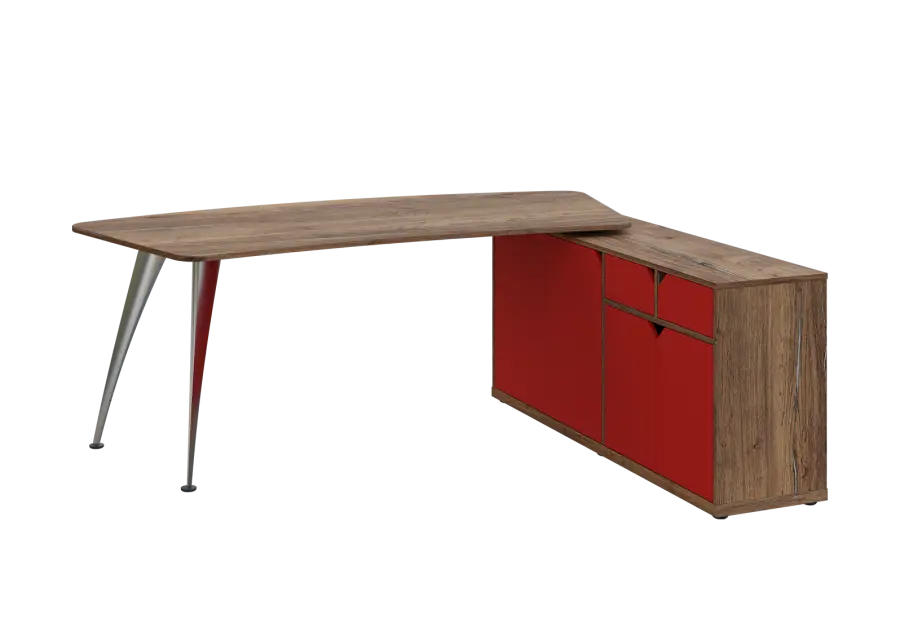 KUZR 18-20 P stůl rohový, provedení pravé, úložný prostor, chromová podnož, dub halifax cínový/červená