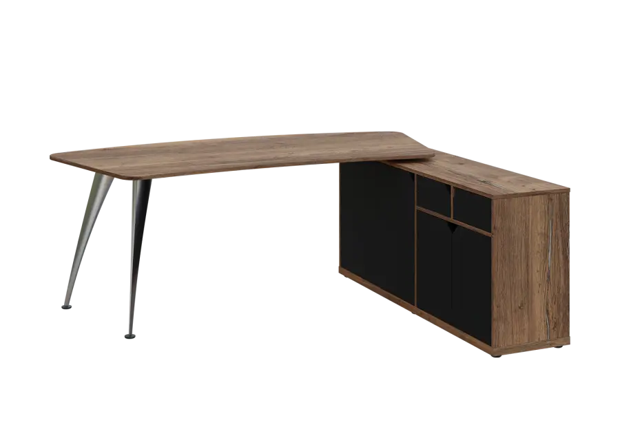 KUZR 18-20 P stůl rohový, provedení pravé, úložný prostor, chromová podnož, dub halifax cínový/černá