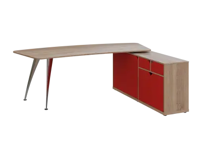 KUZR 18-22 P stůl rohový, provedení pravé, úložný prostor, chromová podnož, dub bardolino/červená