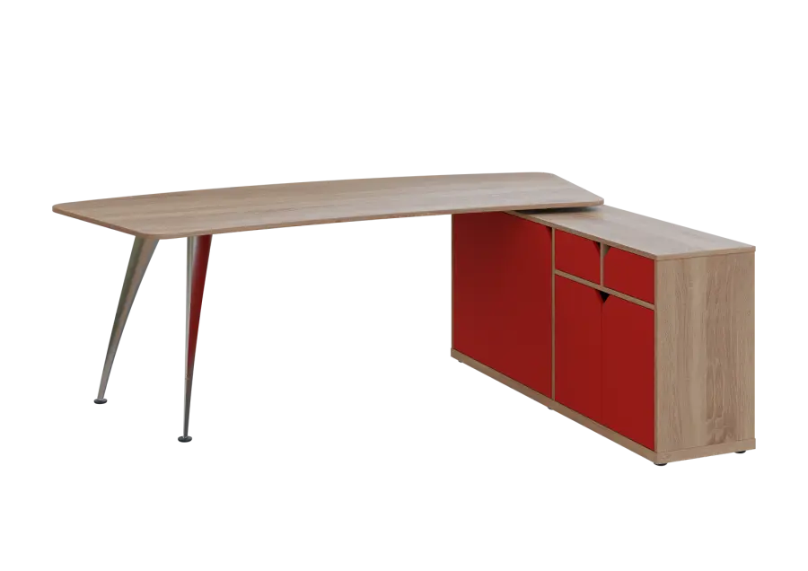 KUZR 18-22 P stůl rohový, provedení pravé, úložný prostor, chromová podnož, dub bardolino/červená