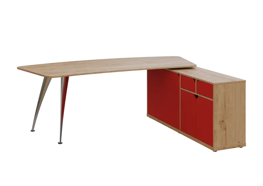 KUZR 18-22 P stůl rohový, provedení pravé, úložný prostor, chromová podnož, dub lite/červená