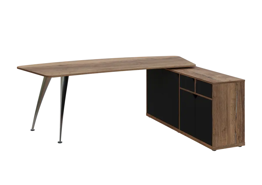 KUZR 18-22 P stůl rohový, provedení pravé, úložný prostor, chromová podnož, dub halifax cínový/černá