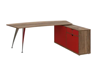KUZR 18-22 P stůl rohový, provedení pravé, úložný prostor, chromová podnož, dub halifax cínový/červená