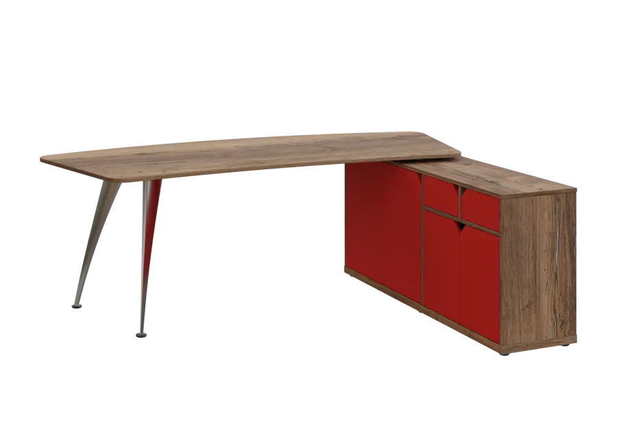 KUZR 18-22 P stůl rohový, provedení pravé, úložný prostor, chromová podnož, dub halifax cínový/červená