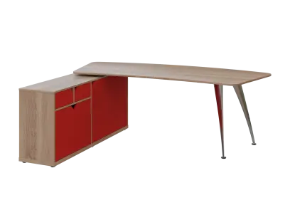 KUZR 18-22 L stůl rohový, provedení levé, úložný prostor, chromová podnož, dub bardolino/červená