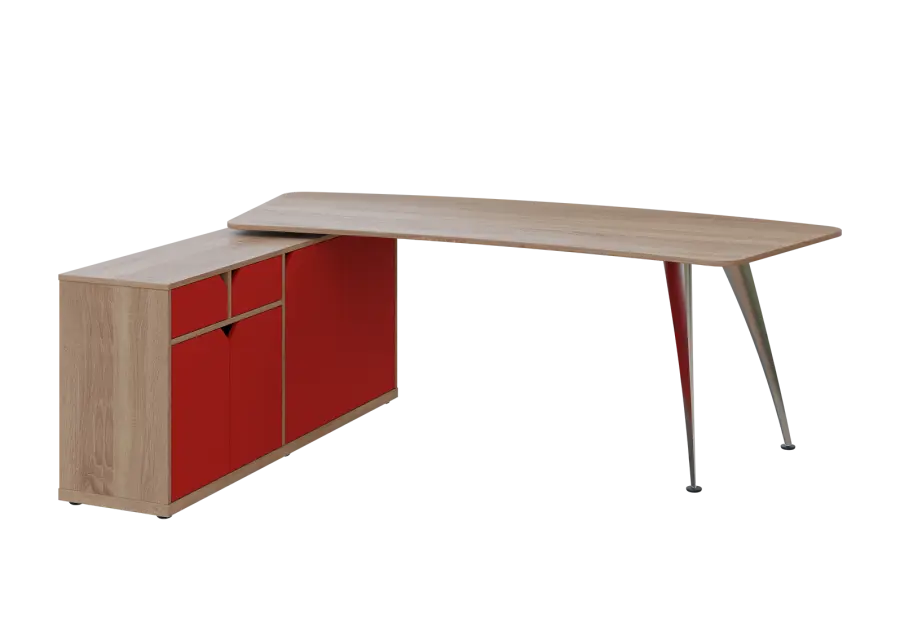 KUZR 18-22 L stůl rohový, provedení levé, úložný prostor, chromová podnož, dub bardolino/červená